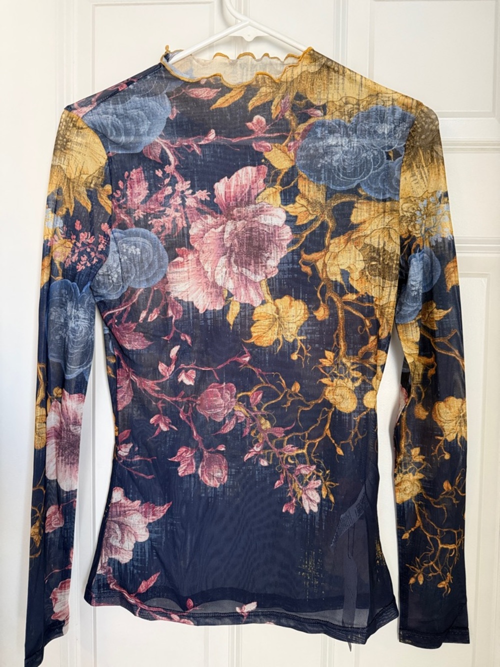 Long-Sleeve Floral Mesh Dress in Navy, Pink & Gold